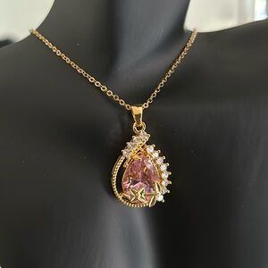 Gold Pink Teardrop Necklace